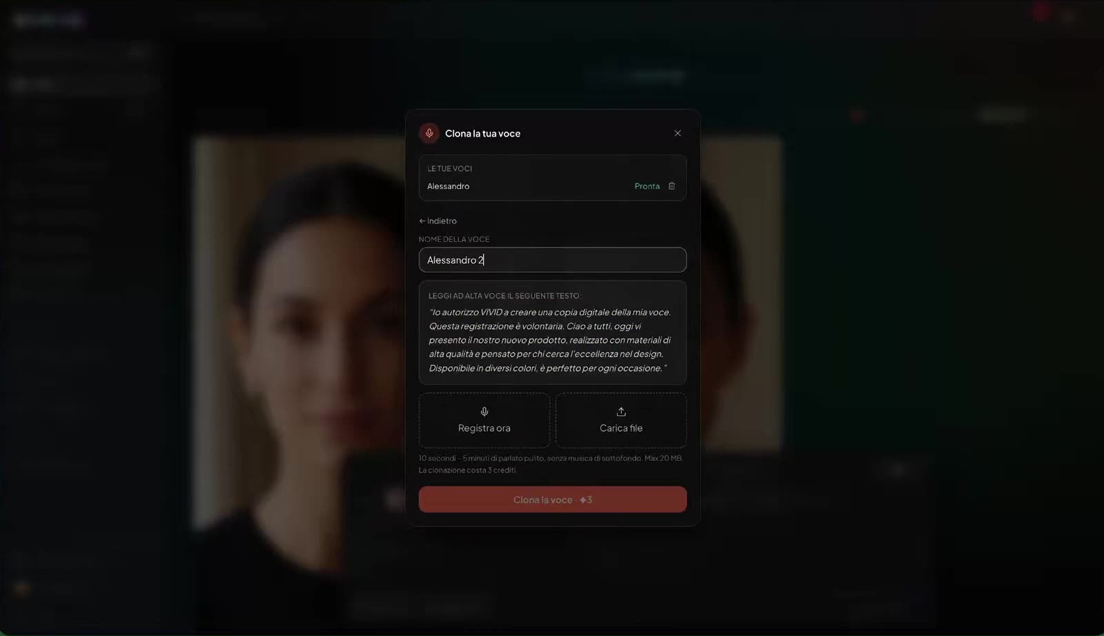 Finestra Clona la tua voce durante la registrazione