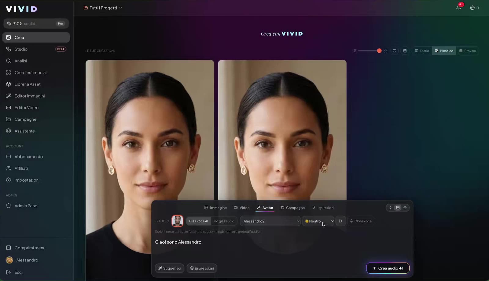 Barra Avatar con testo, pausa e risata e il pulsante Crea audio