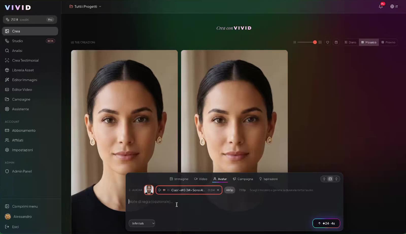 Secondo passaggio Avatar con chip audio, risoluzione e prompt