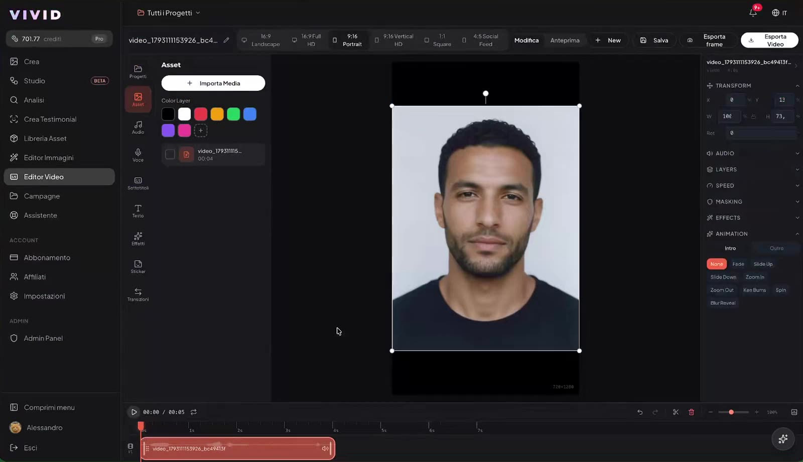 Editor Video di VIVID con il clip in timeline e il pulsante Esporta Frame