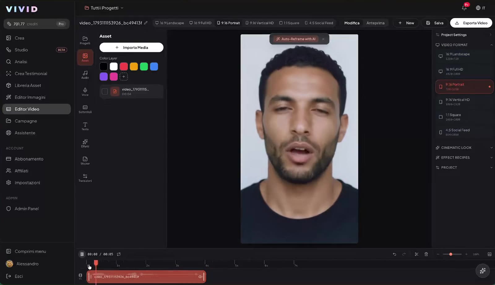 Editor Video di VIVID con il video dell'avatar in timeline